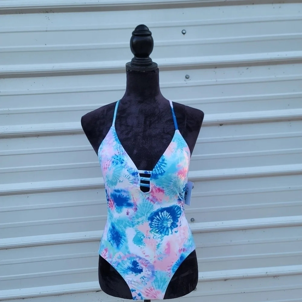 NWT $80 INDIGO REIN Womens Tie Dye Acid Plunge 1PC Swim Suit Bathing Suit sz M